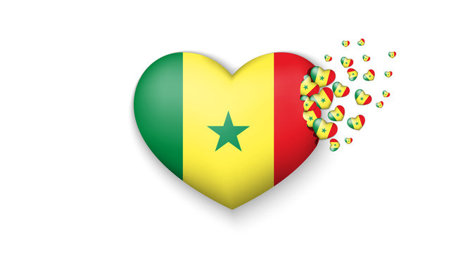 With love to Senegal country. The national flag of Senegal fly out small hearts on white background