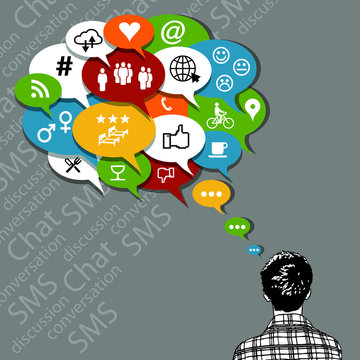 Illustration vectorielle d’un jeune homme et un nuage de bulles avec de nombreux pictos pour illustrer les conversations par les réseaux sociaux et autres voies informatiques. 