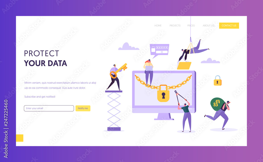 Poster hacker character steal password and money landing page. thief hacking computer security data. fraud 