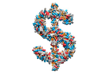 Dollar symbol from medicine pills, capsules, tablets. 3D rendering