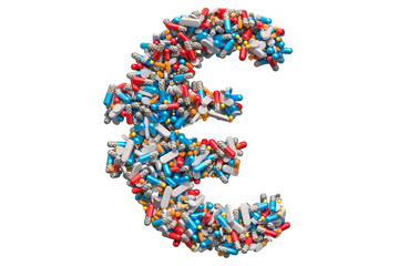 Euro symbol from medicine pills, capsules, tablets. 3D rendering