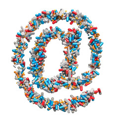 At sign, e-mail symbol from medicine pills, capsules, tablets. Ordering Drugs Online concept. 3D rendering