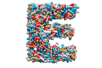 Letter E from medicine pills, capsules, tablets. 3D rendering