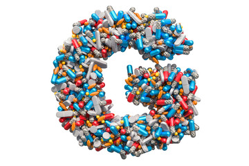 Letter G from medicine pills, capsules, tablets. 3D rendering