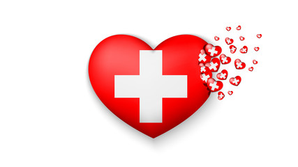 With love to Switzerland country. The national flag of Switzerland fly out small hearts on white background