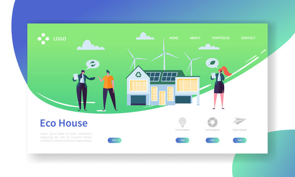 Eco Friendly Renewable Solar and Wind Energy Home Technology Landing Page. Green Electric Power House Concept with Windmill. Real Estate Apartment Website or Web Page. Flat Cartoon Vector Illustration