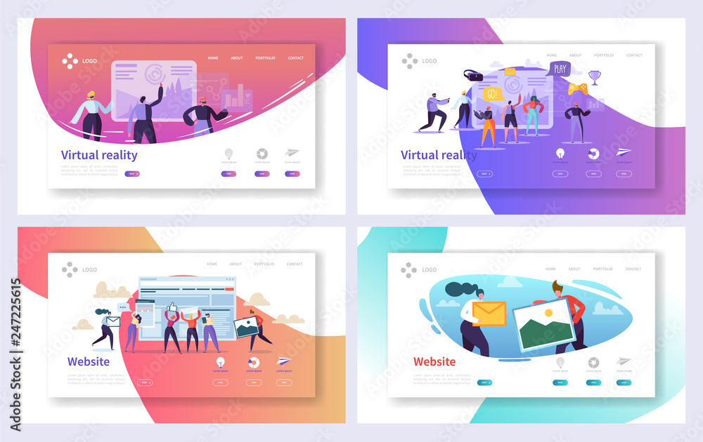Poster virtual reality technology landing page set. augment visual game for future excited user character. 