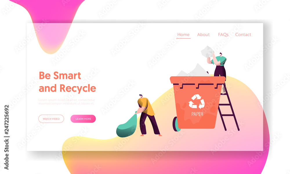 Aufkleber recycle separate paper trash bin landing page. man throw away garbage to container for sorting to re