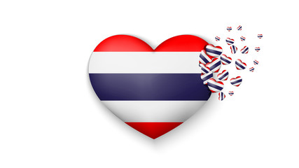 National flag of Thailand in heart illustration. With love to Thailand country. The national flag of Thailand fly out small hearts on white background