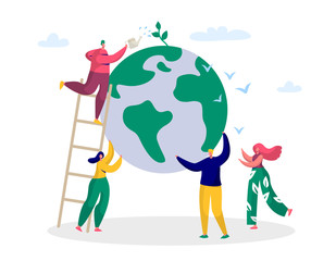 Fototapeta na wymiar Earth Day Man Save Green Planet Environment. People of World Water Plant for Ecology Celebration Preparation in April. Nature Globe Ecology Protect Concept Flat Cartoon Vector Illustration