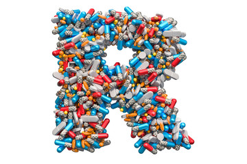 Letter R from medicine pills, capsules, tablets. 3D rendering