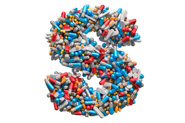 Letter S from medicine pills, capsules, tablets. 3D rendering