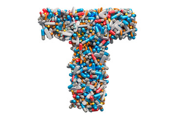 Letter T from medicine pills, capsules, tablets. 3D rendering