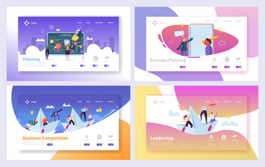 Naklejka premium Business Planning Management Landing Page Set. Workflow Plan for Startup Company Team. Corporate Strategy Schedule for Brainstorm Collaboration Website or Web Page. Flat Cartoon Vector Illustration