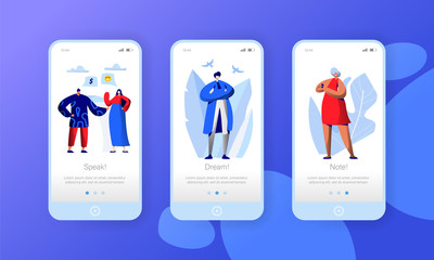 Social Media Network Business Character Mobile App Page Onboard Screen Set. People Chat Comment in Worldwide Internet. Woman Message to Man Website or Web Page. Flat Cartoon Vector Illustration