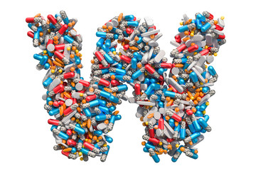 Letter W from medicine pills, capsules, tablets. 3D rendering