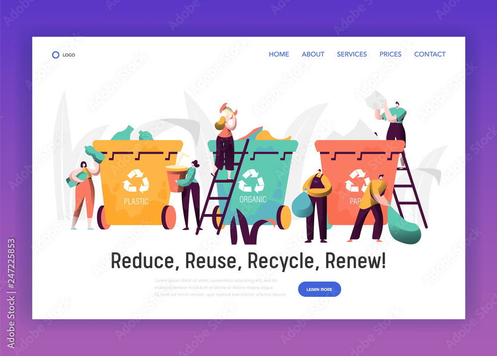 Aufkleber sorting organic trash for recycle landing page. rubbish bin for plastic and paper separation to redu