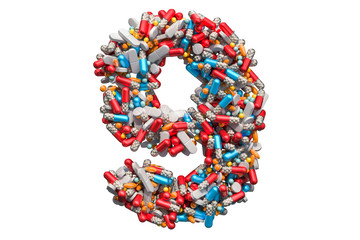 Number 9 from medicine pills, capsules, tablets. 3D rendering