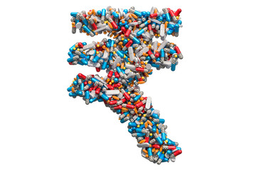 Rupee symbol from medicine pills, capsules, tablets. 3D rendering