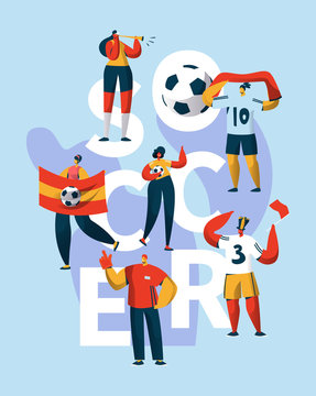 Soccer Fan Character Support Typography Banner. People Play Football Game Championship. Sport Competition Flag Symbol. Motivation Advertising Vertical Poster Design Flat Cartoon Vector Illustration
