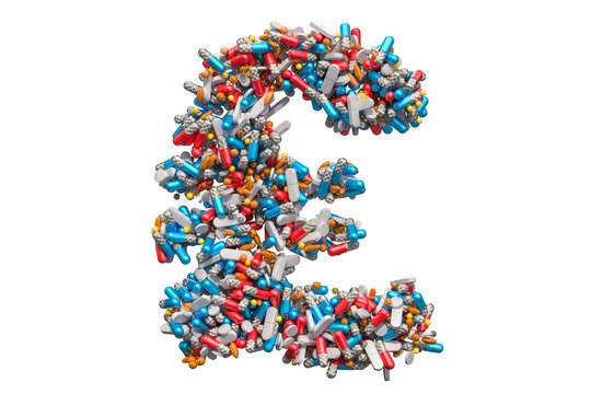 Pound sterling symbol from medicine pills, capsules, tablets. 3D rendering