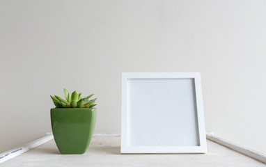 Close up of single green pot with succulent and blank square picture frame on table against neutral...