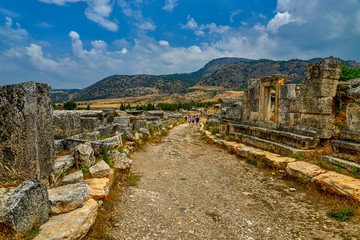 Fototapeta na wymiar Hierapolis - an ancient city located on the slope of the Cökelez mountain, above the Pamukkale limestone terraces, approx. 15 km from Denizli in south-western Turkey (Anatolia)