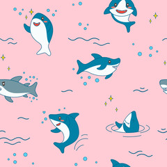 Kawaii Haai Naadloze Patroon. Leuke grappige haaien nautische achtergrond met zeedieren en zeeleven voor behang, decoratie. vector illustratie