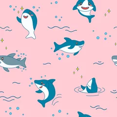 Papier peint Animaux marins Modèle Sans Couture De Requin Kawaii. Fond nautique mignon de requins drôles avec des créatures marines et la vie marine pour le papier peint, la décoration. Illustration vectorielle
