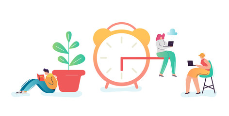 Business Deadline Concept. Businessman and Businesswoman Characters Overtime at Work. Time Management, Work Late, Efficiency. Vector illustration