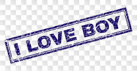 I LOVE BOY stamp seal print with rubber print style and double framed rectangle shape. Stamp is placed on a transparent background. Blue vector rubber print of I LOVE BOY label with dust texture.