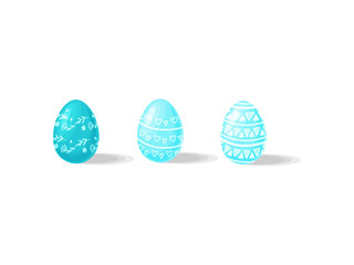 Three Easter eggs in blue color with ornaments. Decor for holiday celebration. Flat vector for postcard or poster