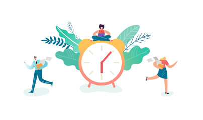 Business Deadline Concept. Businessman and Businesswoman Characters Overtime at Work. Time Management, Work Late, Efficiency. Vector illustration