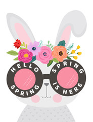Hello Spring Card with Cute Bunny in Eyeglasses and Flowers. Easter Season Floral Poster Banner Placard with Funny Rabbit. Vector illustration