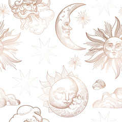 Naklejki  Sun and Moon Vintage Seamless Pattern. Oriental Style Background with Stars and Celestial Astrological Symbols for Fabric, Wallpaper, Decoration. Vector illustration