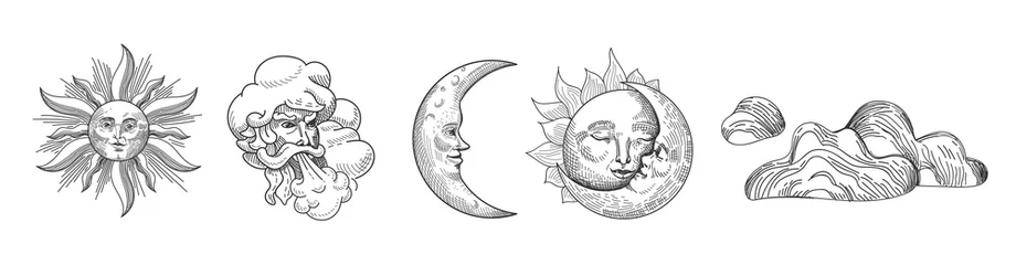 Sonne und Mond-Vintage-Kollektion. Design im orientalischen Stil mit Sternen und himmlischen astrologischen Symbolen für Stoff, Tapete, Dekoration. Vektor-Illustration © wooster