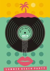 Summer beach party colorful invitation design. Music poster with vinyl record and tropical beach landscape. Vector illustration.