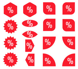 Percent sticker set. Red promotion labels. Modern vector flat style illustration isolated on white background. Red promotion labels for new arrivals shop section.