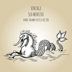 Mythological vintage sea monster. Fragment design of old pirate geographical map