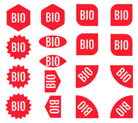 Bio sticker set. Red promotion labels. Modern vector flat style illustration isolated on white background. Red promotion labels for new arrivals shop section.