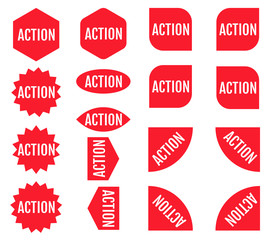 Action sticker set. Red promotion labels. Modern vector flat style illustration isolated on white background. Red promotion labels for new arrivals shop section.