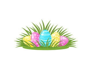 Cute painted eggs hidden in the green grass. Spring holiday. Traditional treats for Easter. Flat vector design