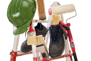 Professional house painter, tools and work equipment. © francescomou