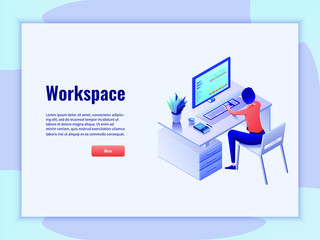 A person works at a computer in a cozy atmosphere. Programmer, analyst or freelancer. 3d vector isometric illustration. Business background. Creative office workspace.