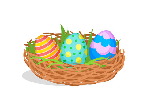 Three painted Easter eggs in brown nest with green grass. Cute holiday composition. Flat vector design