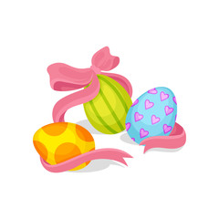 Three painted Easter eggs and pink bow. Spring holiday composition. Flat vector for promo poster or greeting card