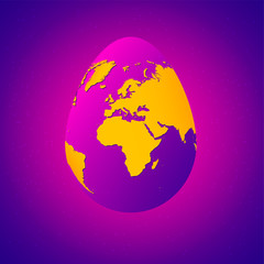 Easter egg with yellow world map. Planet Earth in form of egg on bright purple background with stars - 247228606