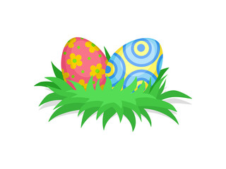 Two cute painted eggs in green grass. Happy Easter. Religious spring holiday. Flat vector design