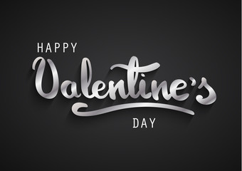 Happy Valentines Day greeting card. Happy Valentines hand lettering. Silver letters on black background.