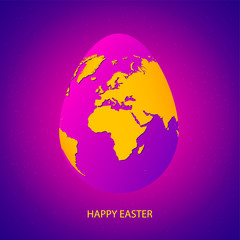 Easter egg with yellow world map. Planet Earth in form of egg on bright purple space background with stars and greeting inscription.